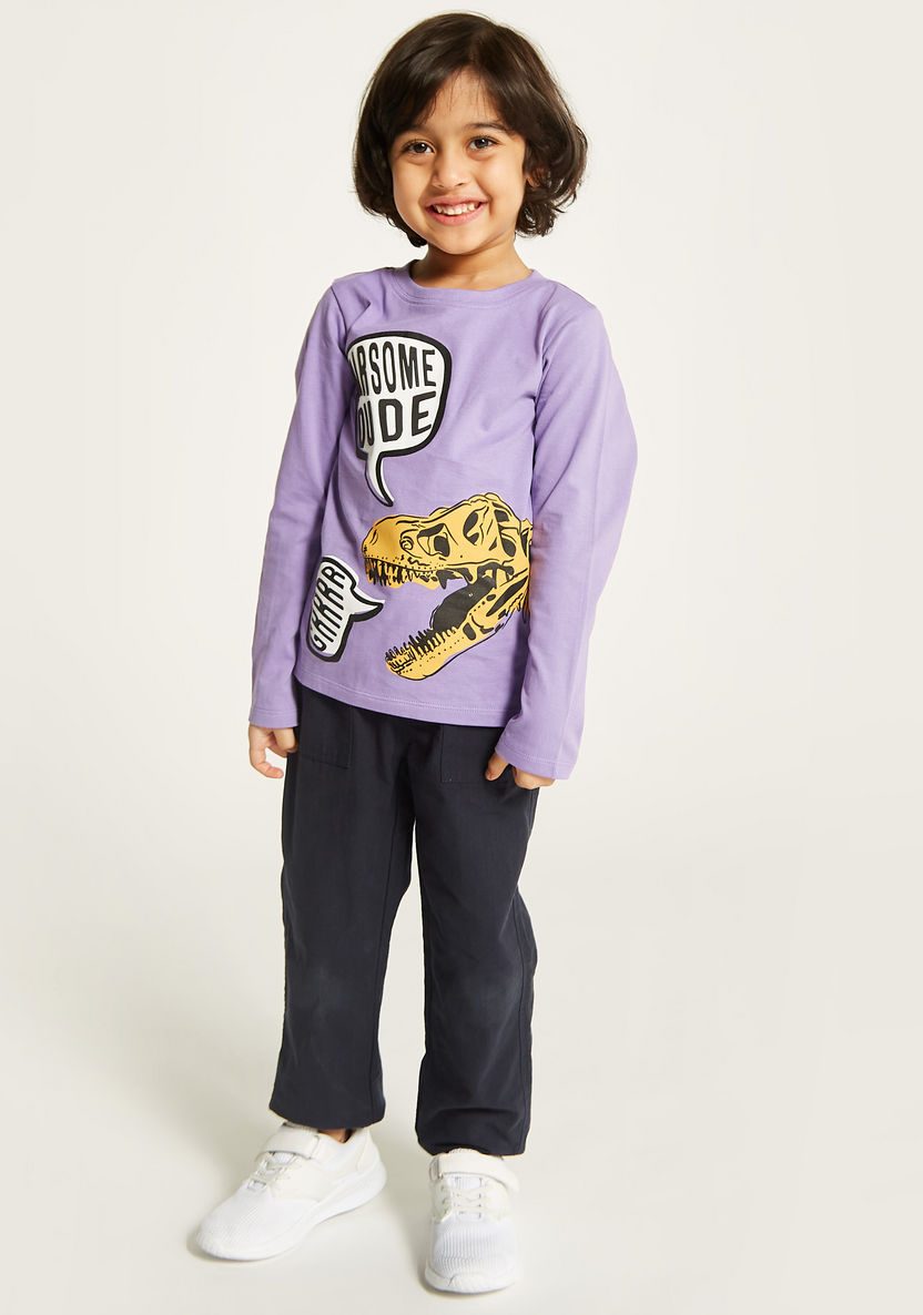 Juniors Dinosaur Print T-shirt with Crew Neck and Long Sleeves-T Shirts-image-0