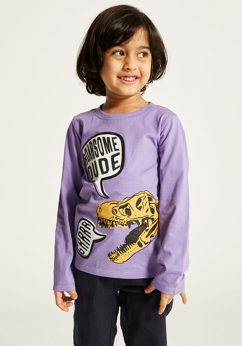 Juniors Dinosaur Print T-shirt with Crew Neck and Long Sleeves-T Shirts-image-2
