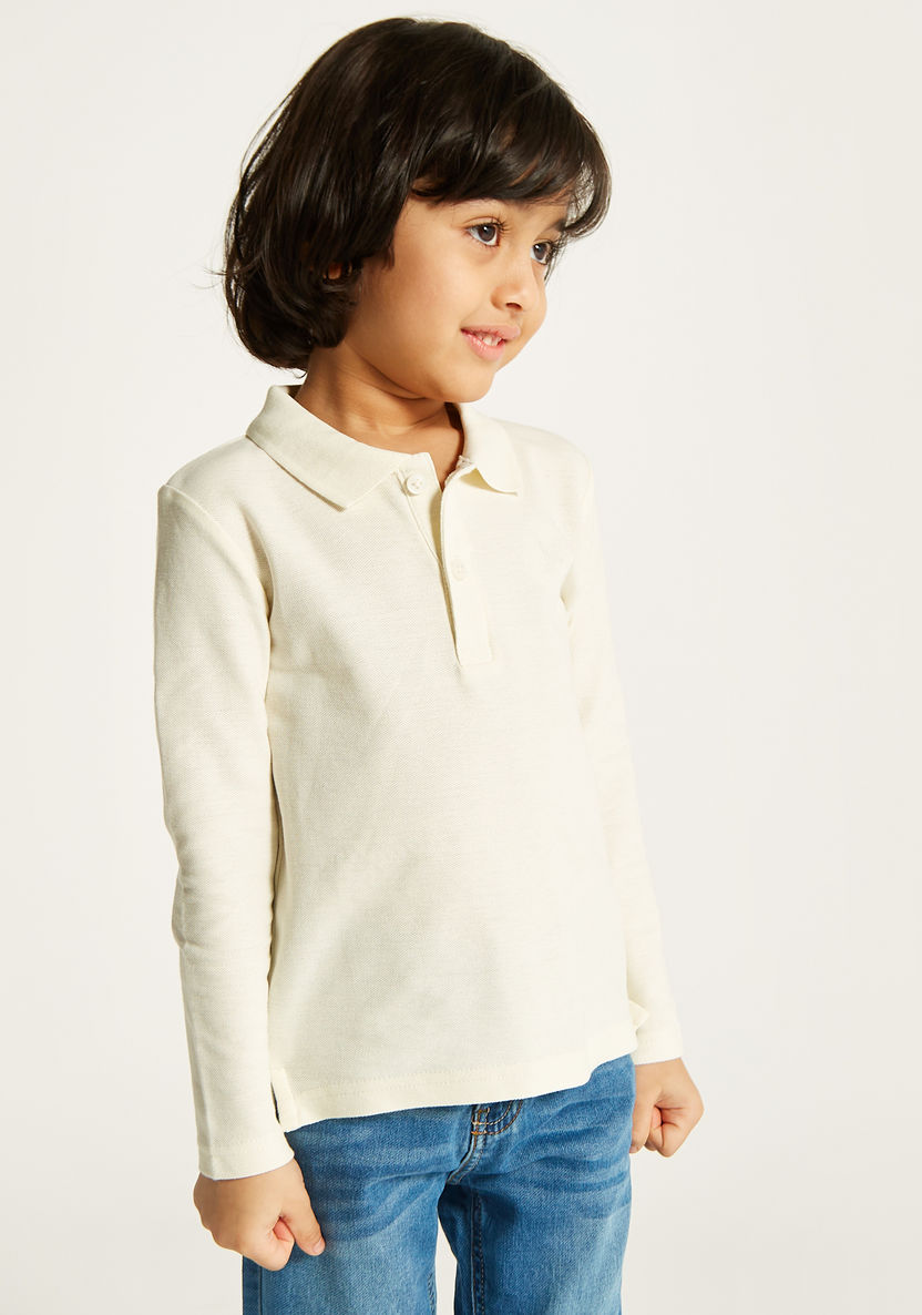 Juniors Solid Polo T-shirt with Long Sleeves and Button Closure-T Shirts-image-1