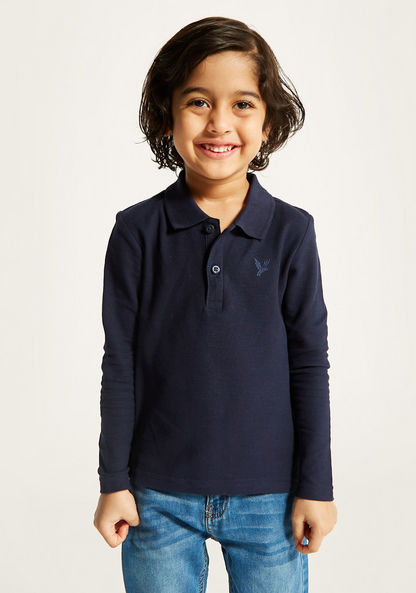 Juniors Solid Polo T-shirt with Long Sleeves and Button Closure-T Shirts-image-1