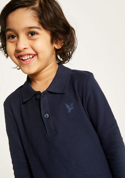 Juniors Solid Polo T-shirt with Long Sleeves and Button Closure-T Shirts-image-2