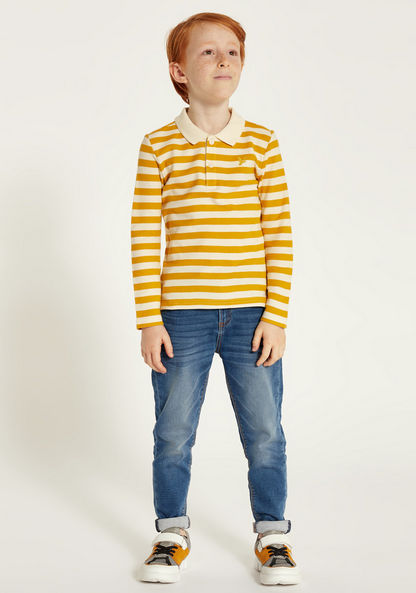 Juniors Striped Polo T-shirt with Long Sleeves and Button Closure-T Shirts-image-0