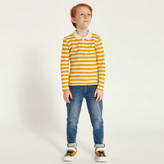 Juniors Striped Polo T-shirt with Long Sleeves and Button Closure