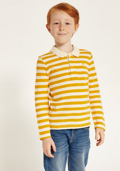 Juniors Striped Polo T-shirt with Long Sleeves and Button Closure-T Shirts-image-1