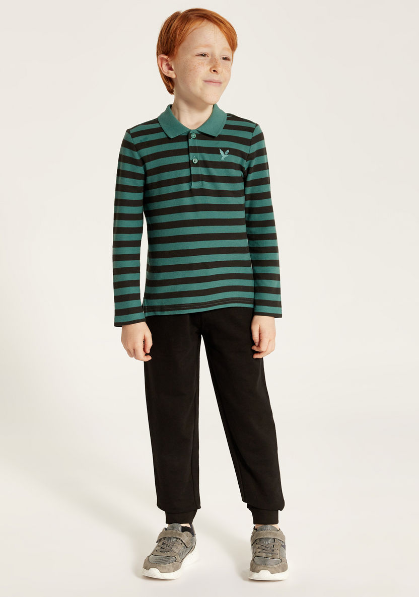 Juniors Striped Polo T-shirt with Long Sleeves and Button Closure-T Shirts-image-0