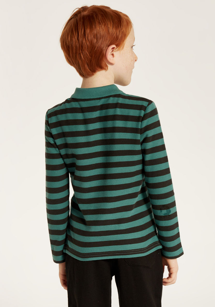 Juniors Striped Polo T-shirt with Long Sleeves and Button Closure-T Shirts-image-3