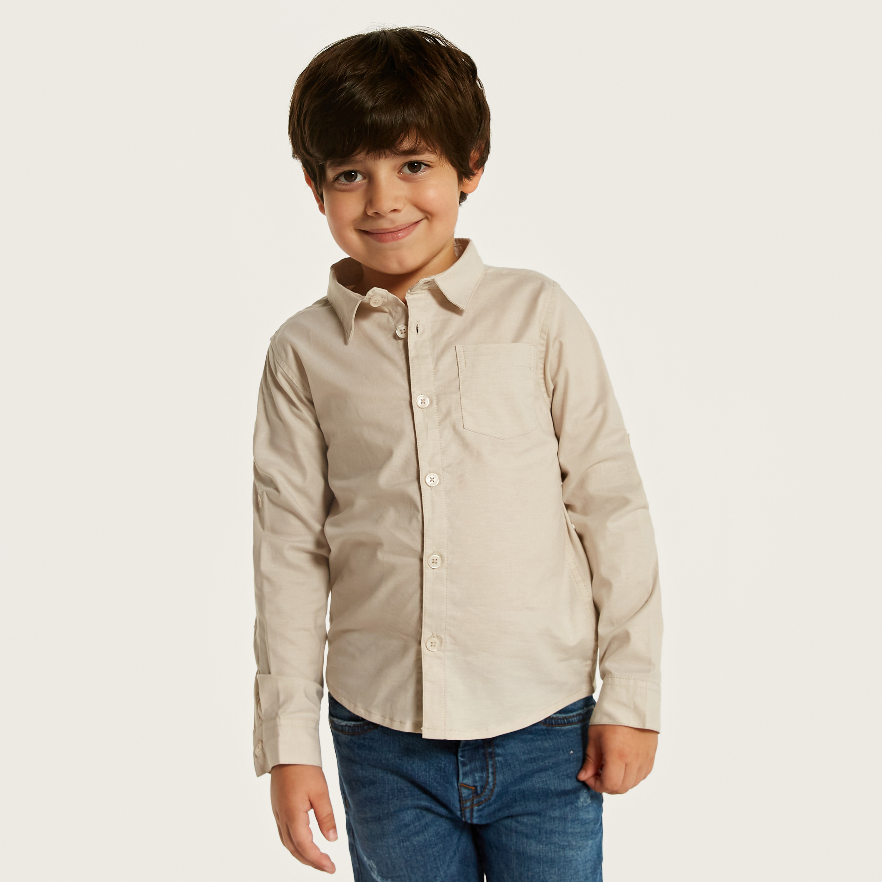 Buy Juniors Solid Shirt with Long Sleeves and Chest Pocket Online Babyshop UAE