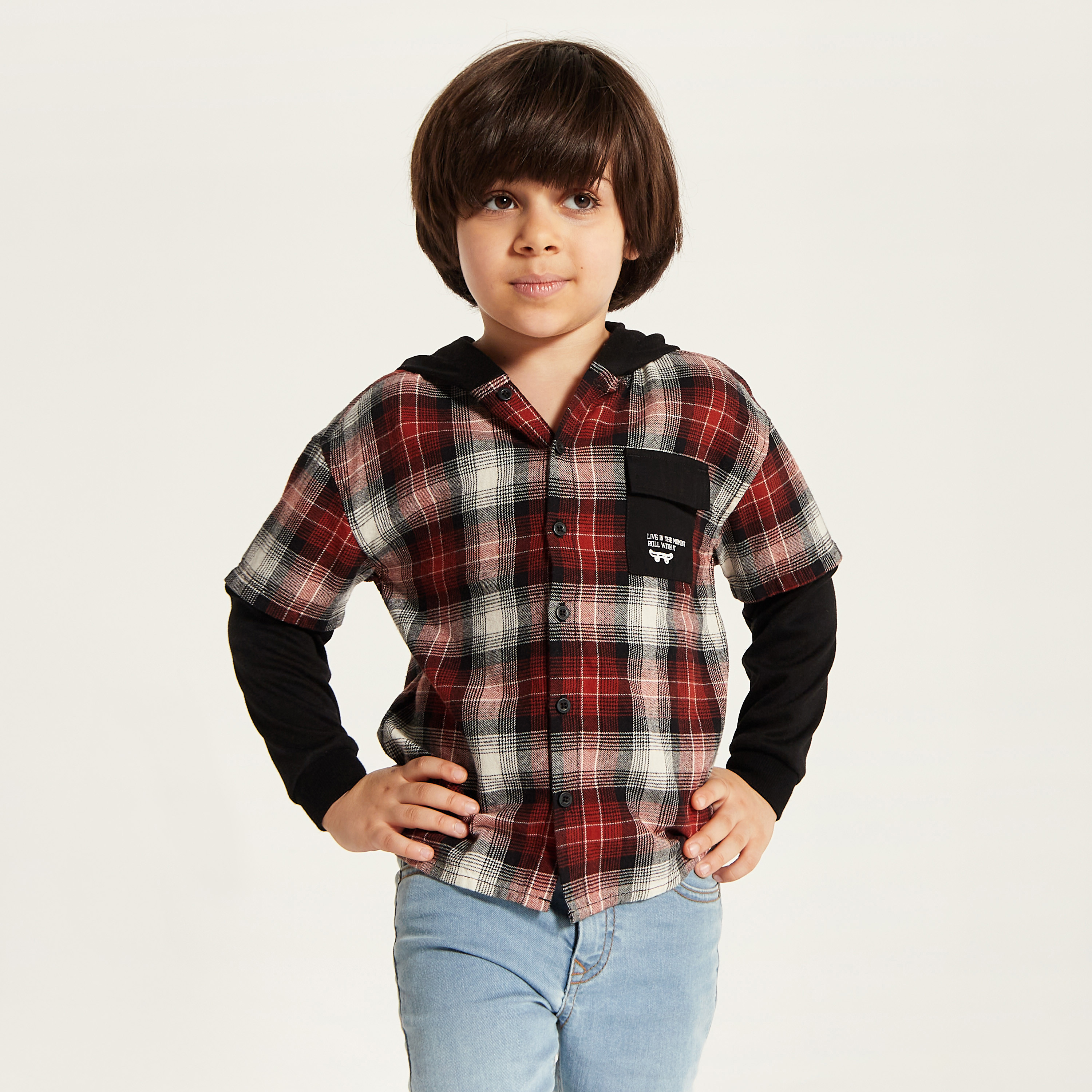 Juniors Checked Shirt with Hood and Pocket-boys-clothing-shirts-image-2