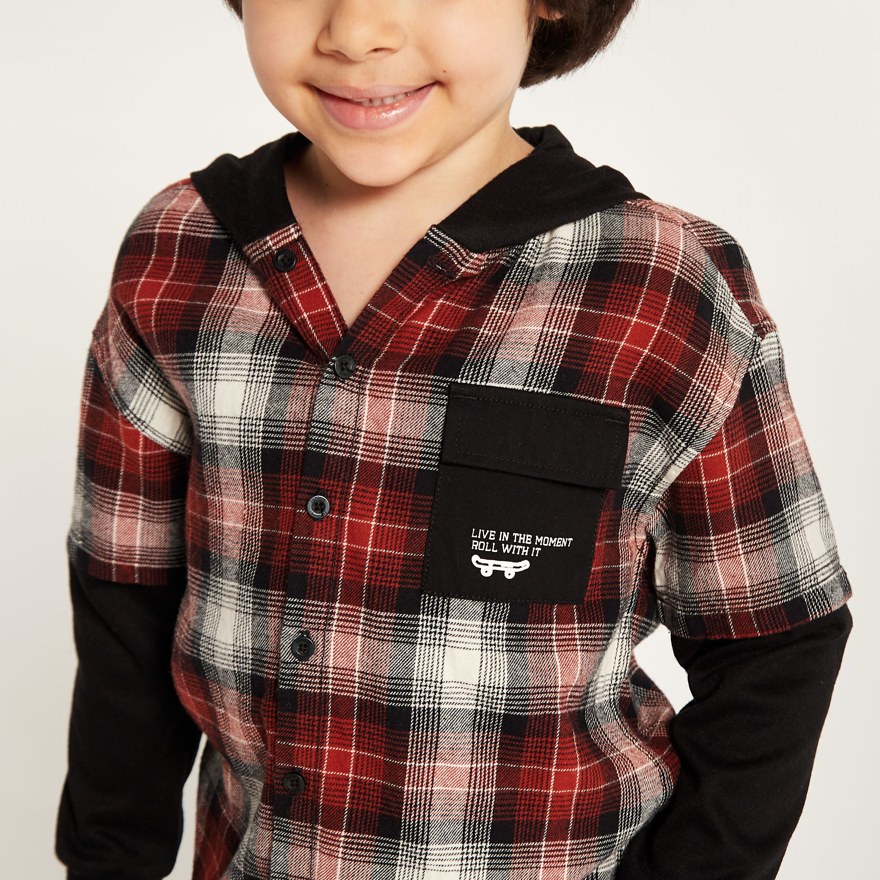 Juniors Checked Shirt with Hood and Pocket-boys-clothing-shirts-image-3
