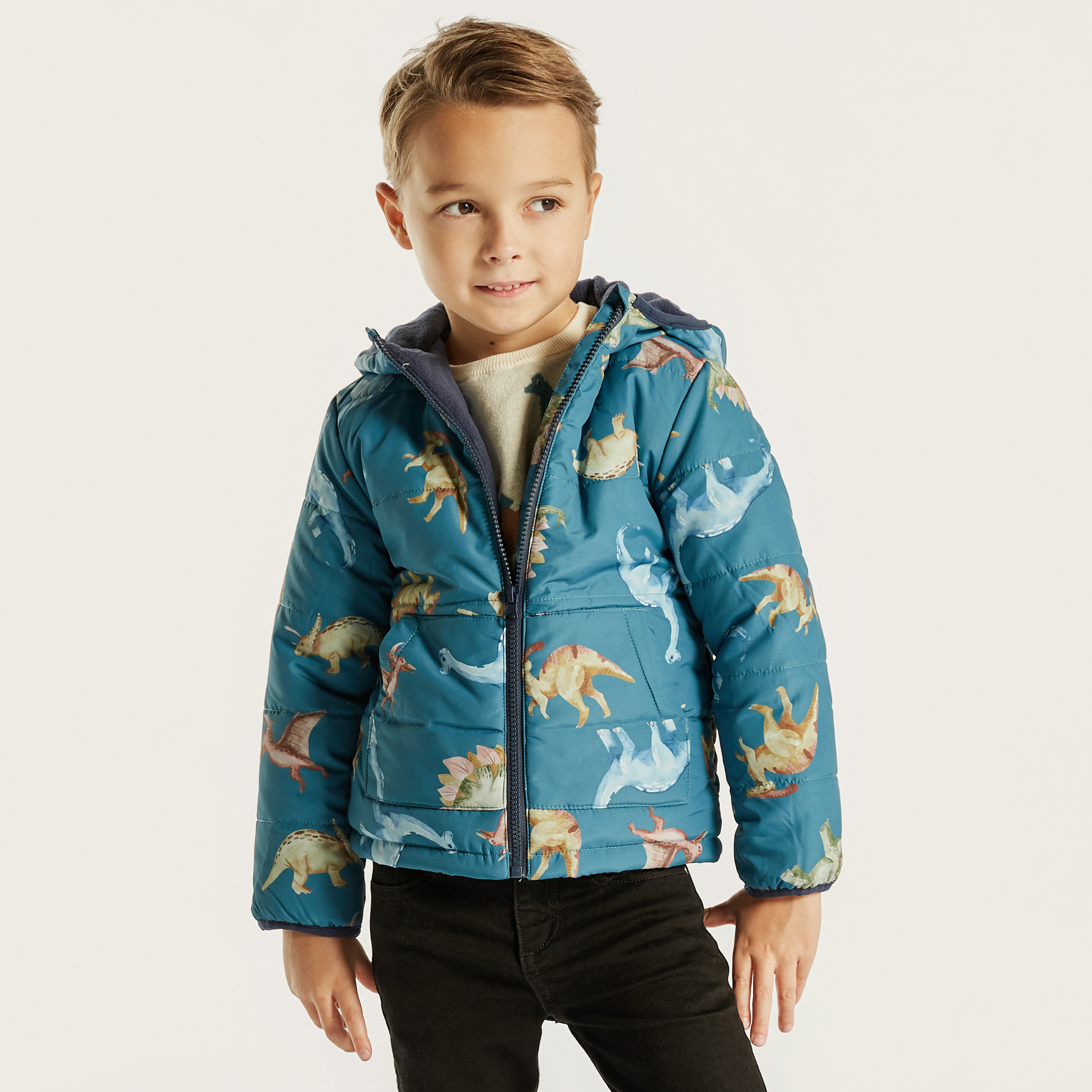 Juniors Dinosaur Print Heavy Jacket with Hood and Long Sleeves