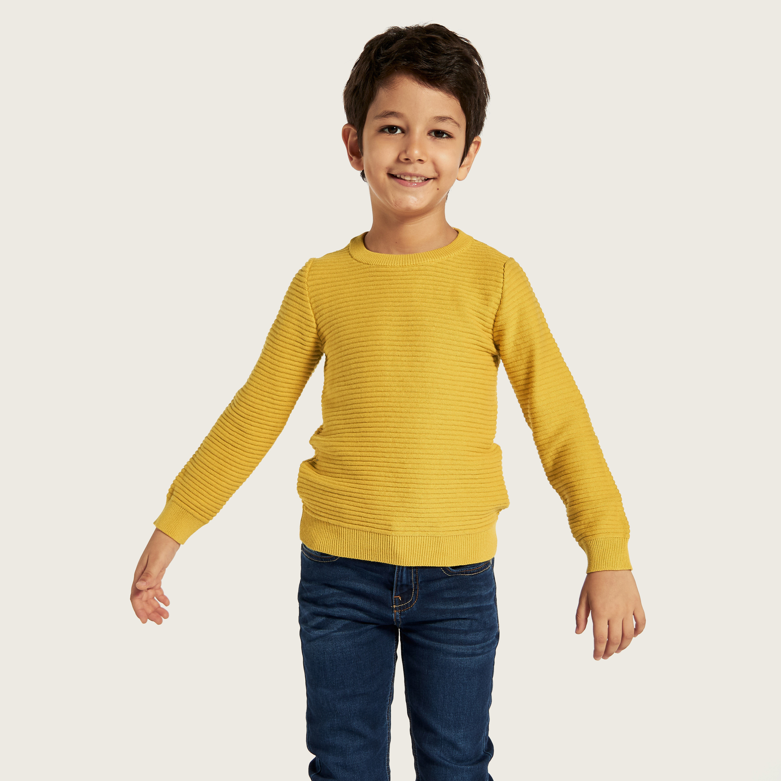 Juniors Textured Sweater with Crew Neck and Long Sleeves-baby-boys-clothing-winterwear-jumpersandcardigans-image-2