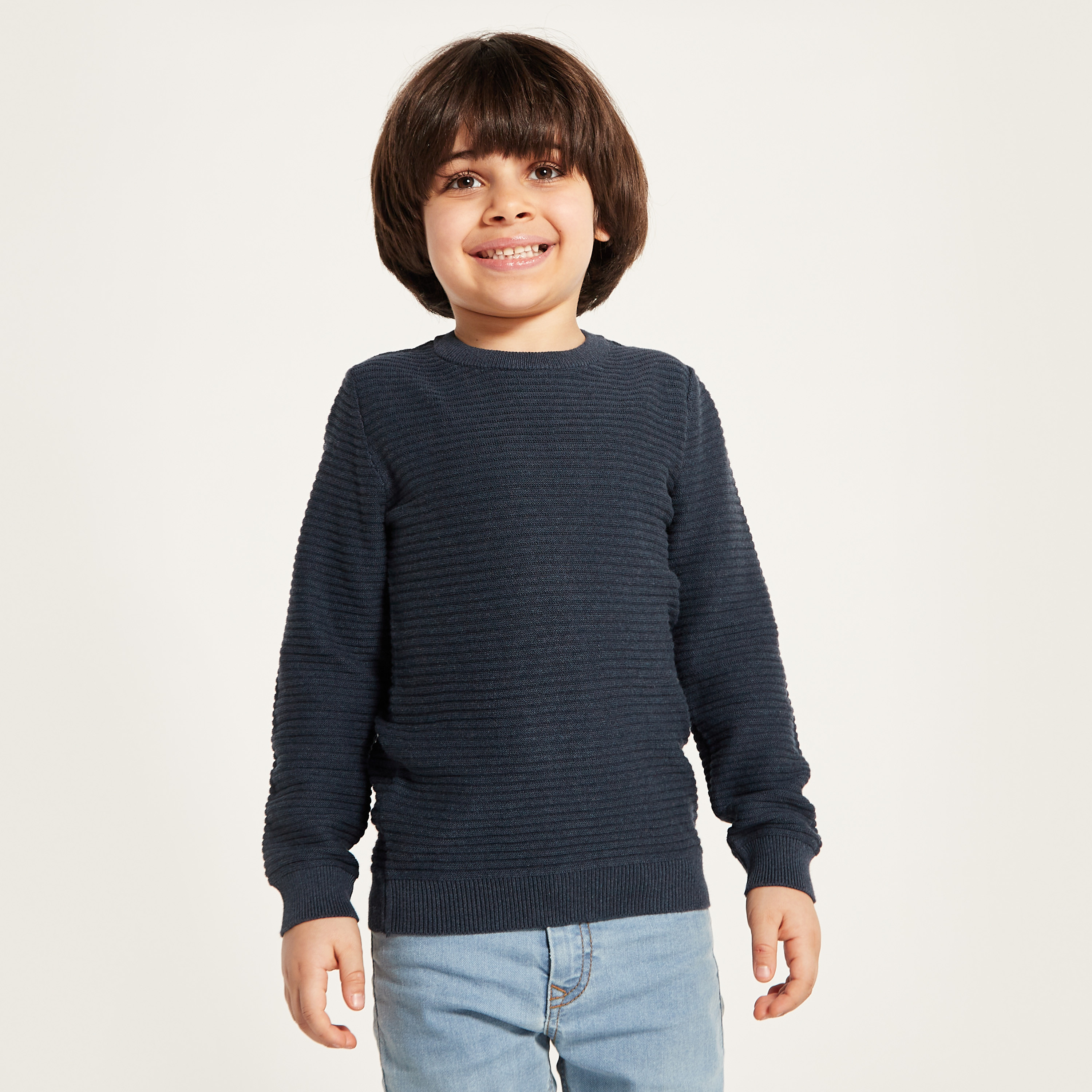 Juniors Textured Sweater with Crew Neck and Long Sleeves-baby-boys-clothing-winterwear-jumpersandcardigans-image-2