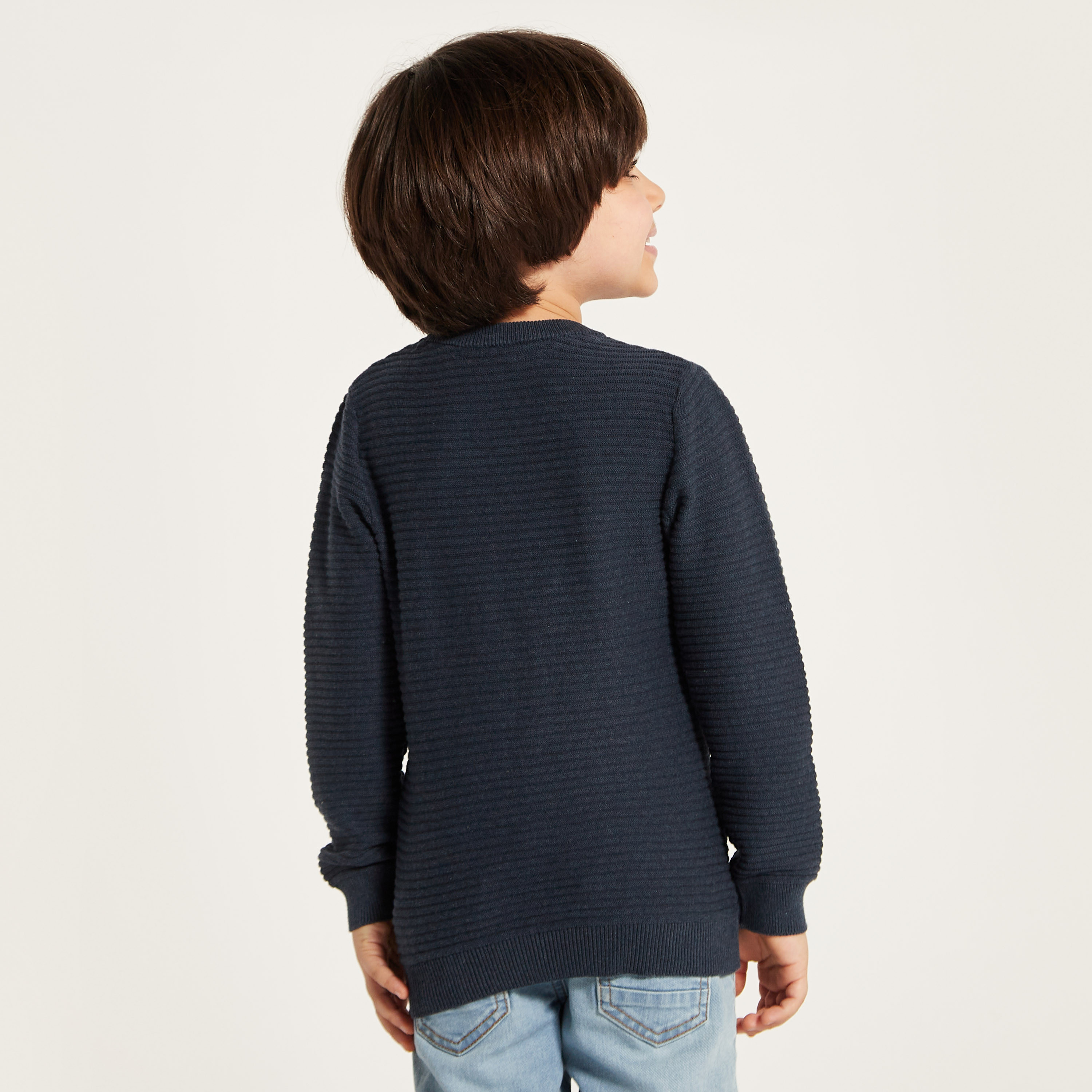 Juniors Textured Sweater with Crew Neck and Long Sleeves-baby-boys-clothing-winterwear-jumpersandcardigans-image-4
