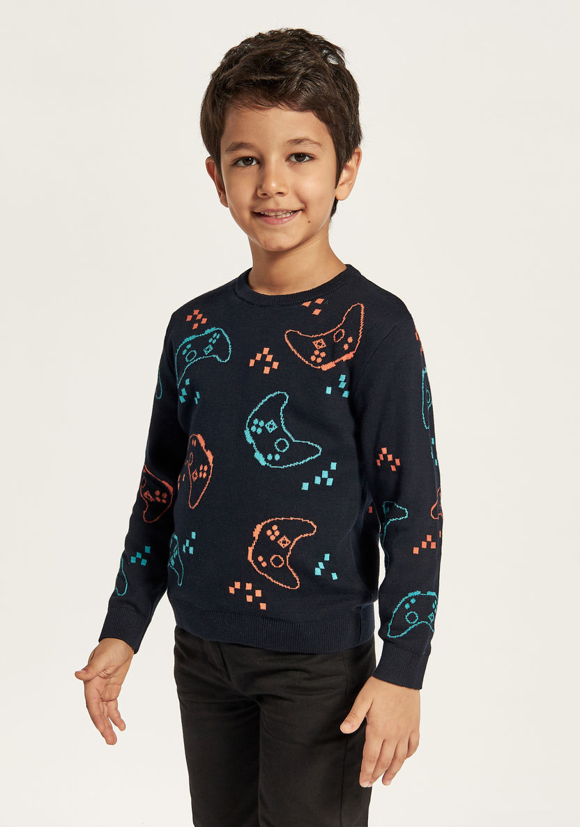 Juniors Gamer Print Crew Neck Sweater with Long Sleeves-Sweaters and Cardigans-image-1