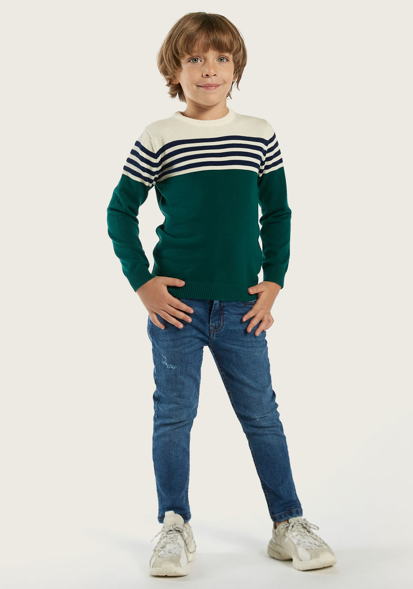 Juniors Striped Sweater with Crew Neck and Long Sleeves-Sweaters and Cardigans-image-0