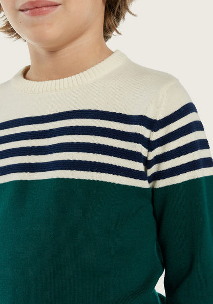 Juniors Striped Sweater with Crew Neck and Long Sleeves-Sweaters and Cardigans-image-2