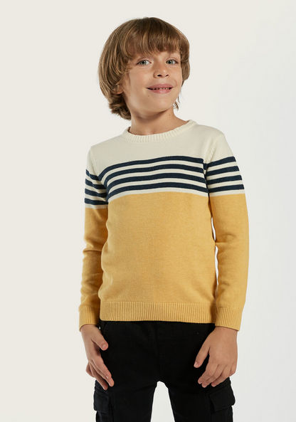 Juniors Striped Sweater with Crew Neck and Long Sleeves-Sweaters and Cardigans-image-1