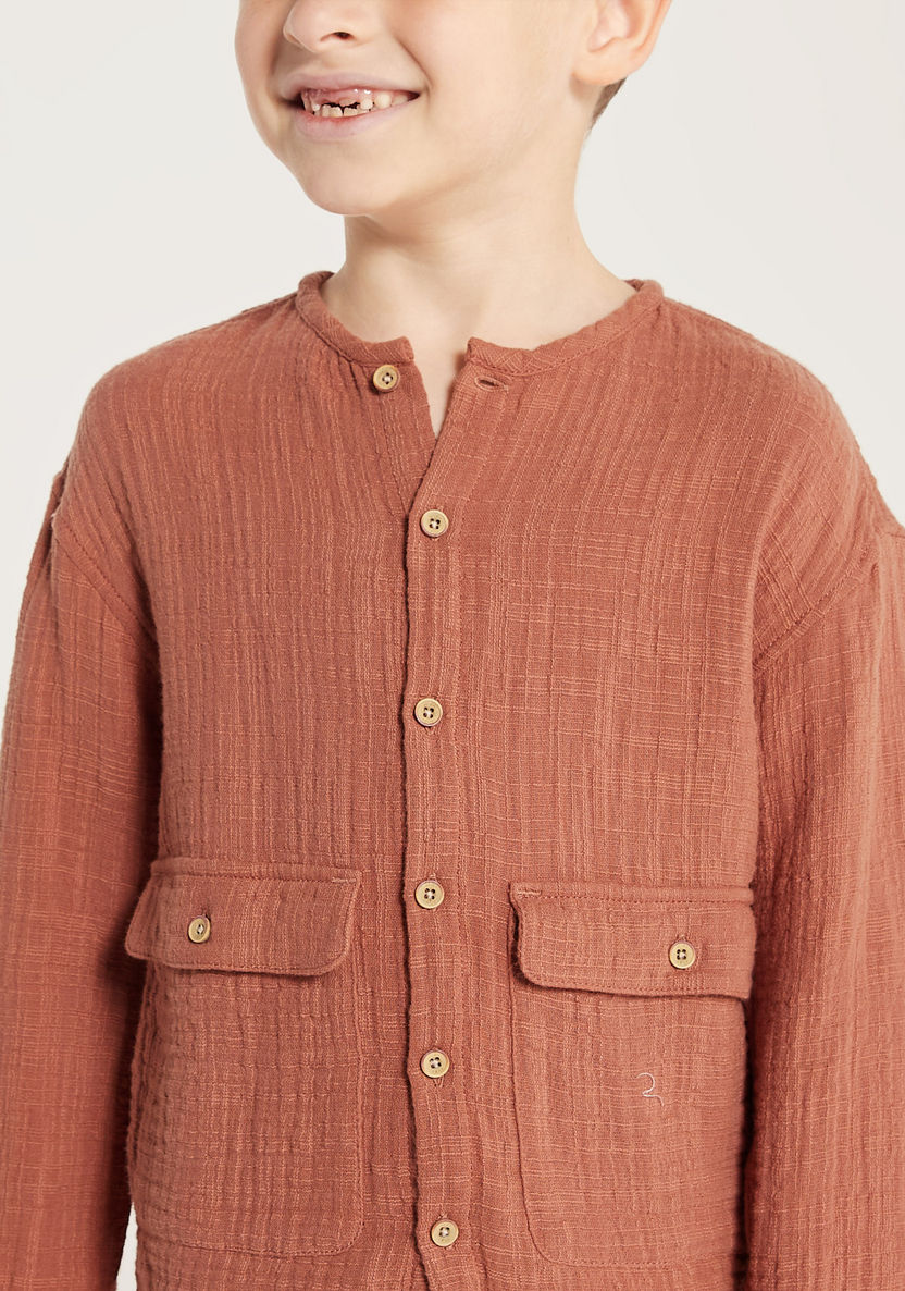 Eligo Textured Henley Neck Shirt with Long Sleeves and Pockets-Shirts-image-2