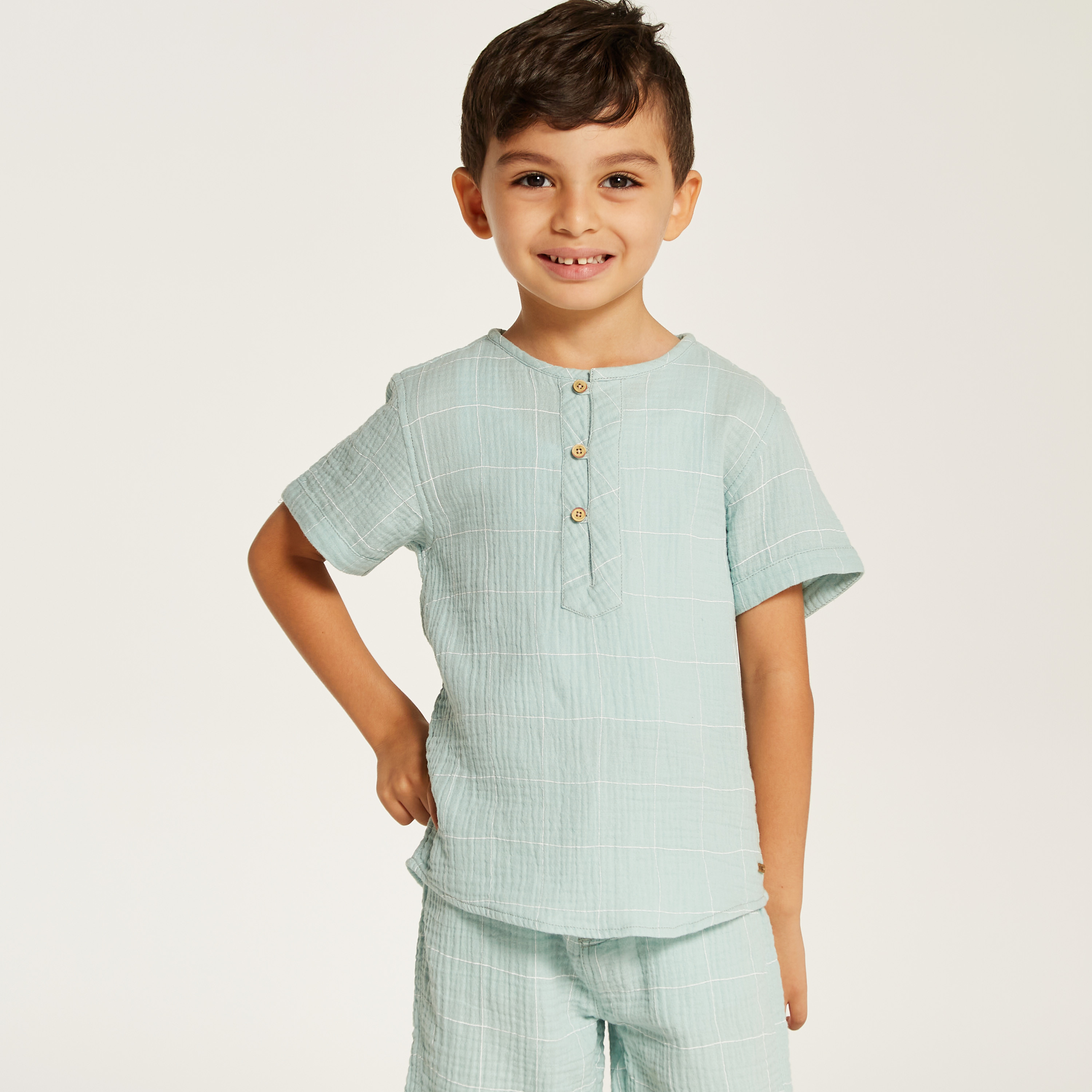 Eligo Checked Crew Neckline T-shirt and Mid-Rise Shorts Set-boys-clothing-setsandcoords-image-2