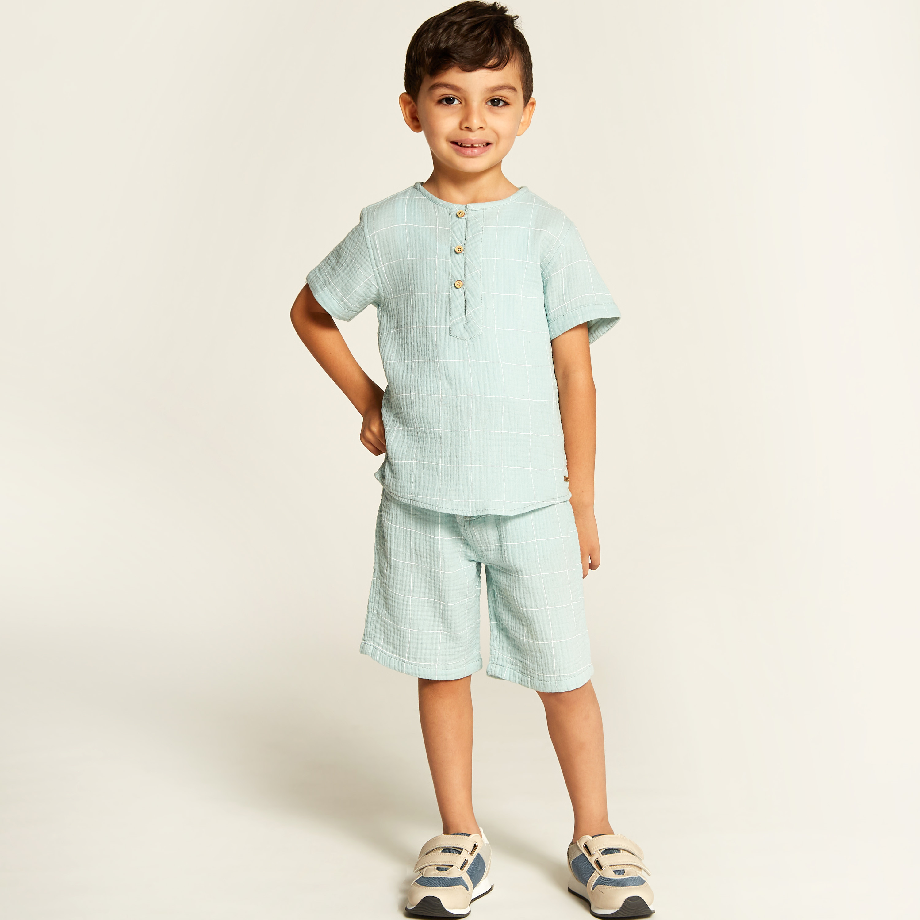 Eligo Checked Crew Neckline T-shirt and Mid-Rise Shorts Set-boys-clothing-setsandcoords-image-3
