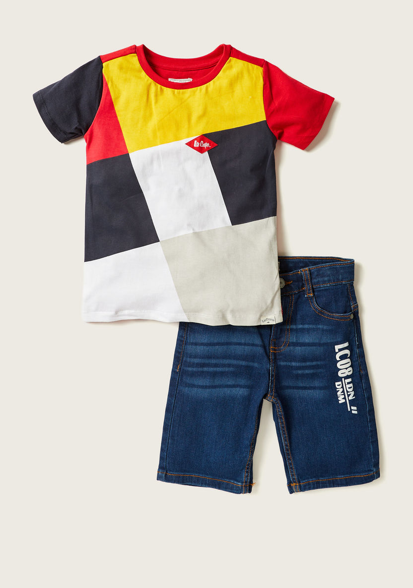 Lee Cooper Colourblock Round Neck T-shirt and Denim Shorts Set-Clothes Sets-image-0