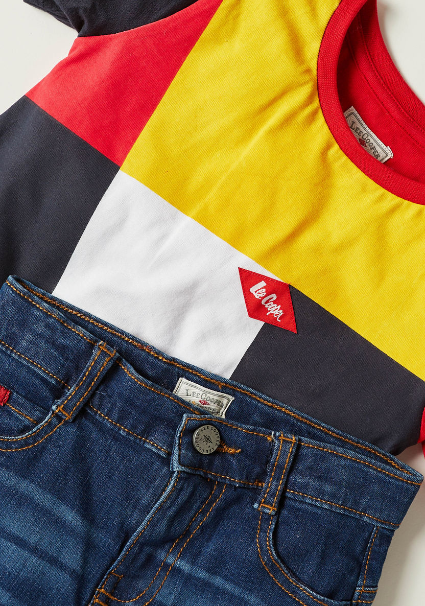 Lee Cooper Colourblock Round Neck T-shirt and Denim Shorts Set-Clothes Sets-image-1