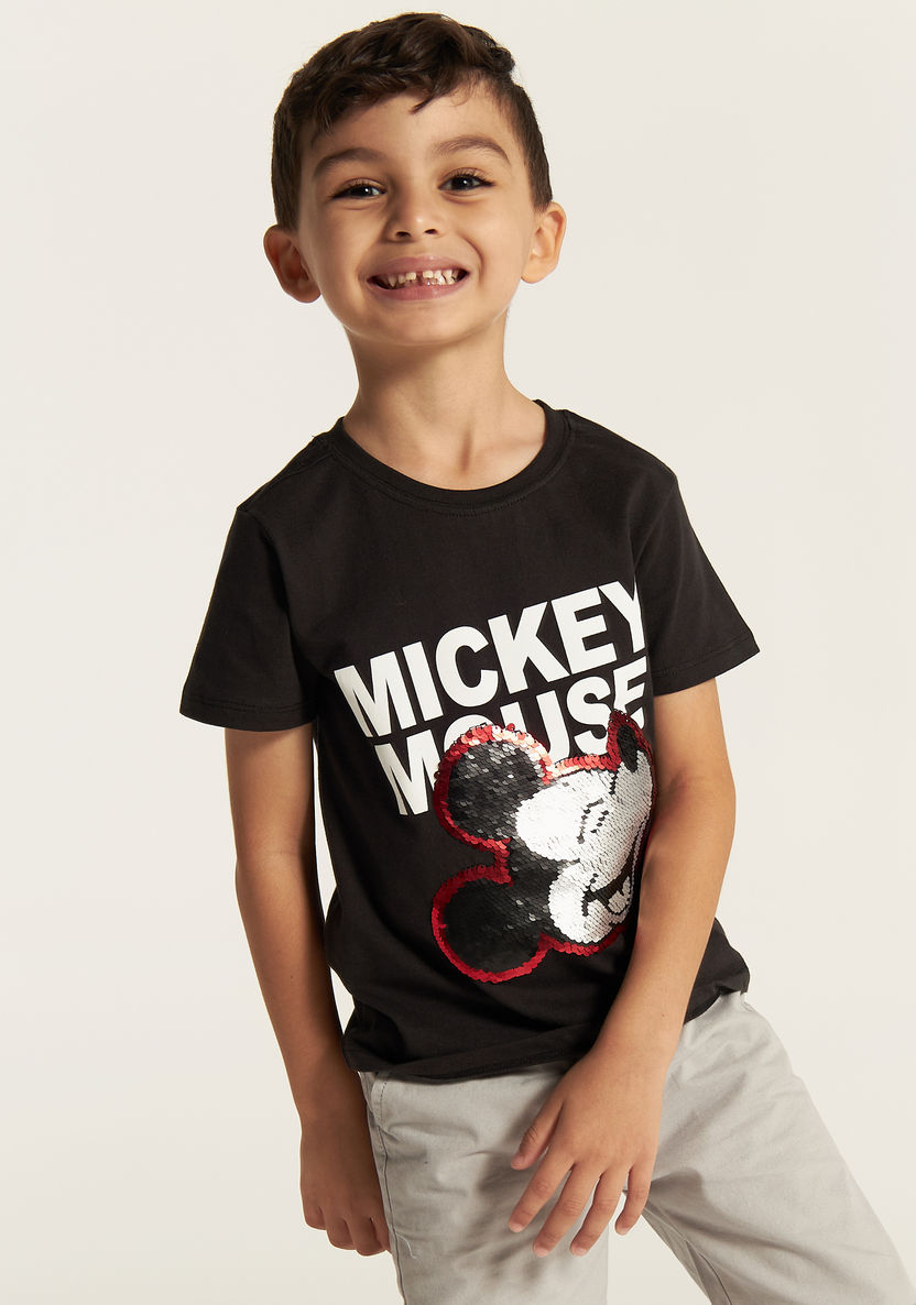 Disney Mickey Mouse Crew Neck T-shirt with Short Sleeves and Sequin Detail-T Shirts-image-1