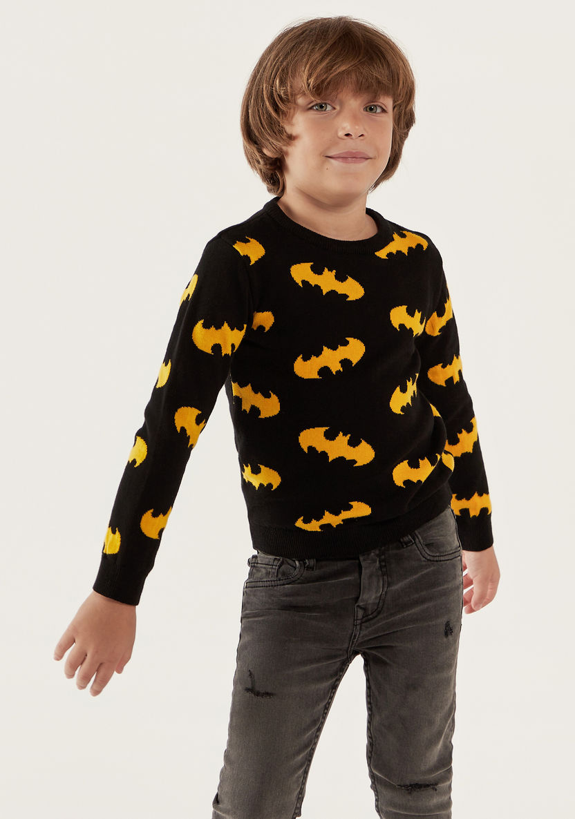 Batman Print Crew Neck Sweater with Long Sleeves-Sweaters and Cardigans-image-0