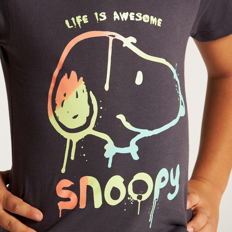 Snoopy Dog Print T-shirt with Crew Neck and Short Sleeves