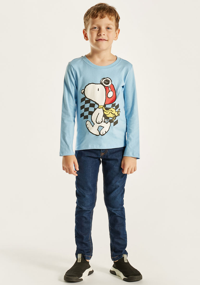 Peanuts Print Round Neck T-shirt with Long Sleeves-T Shirts-image-0