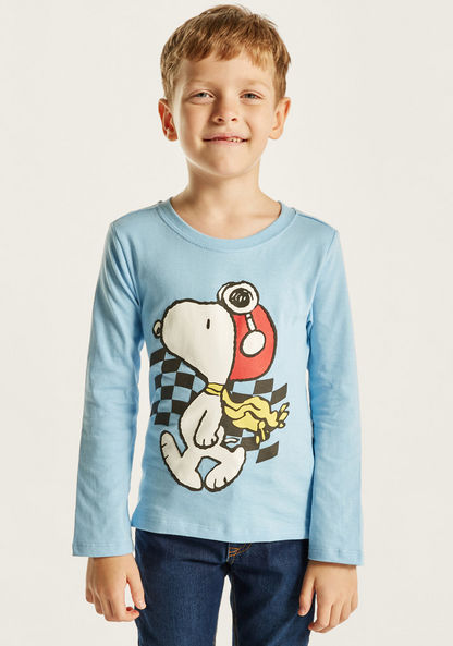 Peanuts Print Round Neck T-shirt with Long Sleeves-T Shirts-image-1
