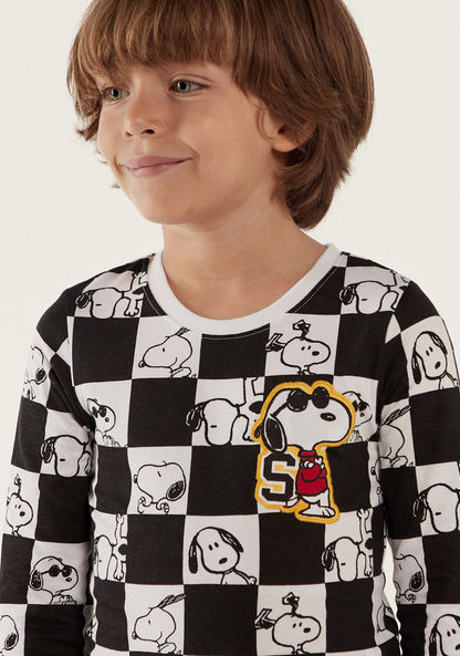 Snoopy and Checked Print Crew Neck T-shirt with Long Sleeves-T Shirts-image-2