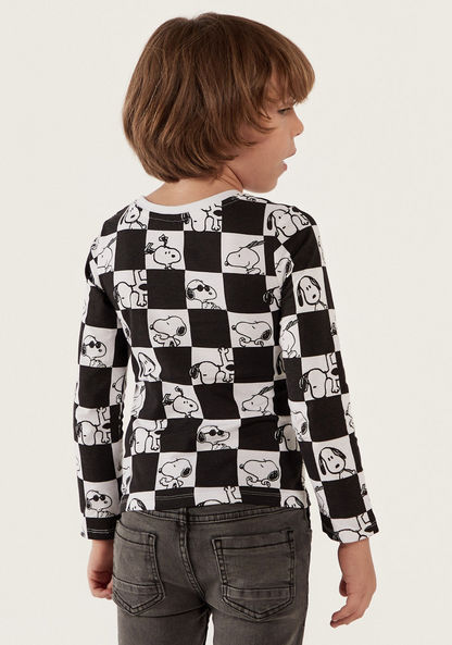Snoopy and Checked Print Crew Neck T-shirt with Long Sleeves-T Shirts-image-3
