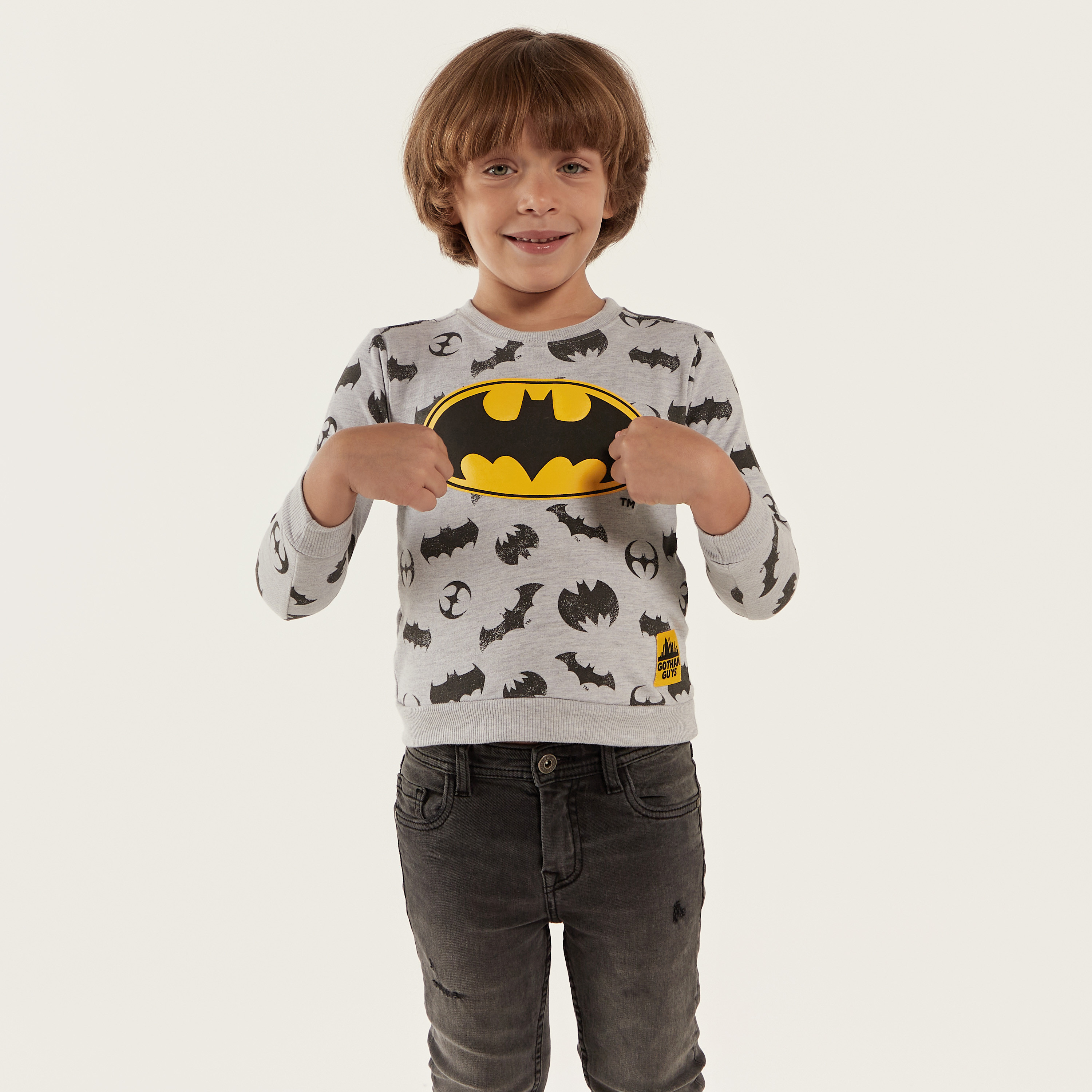 All Over Batman Print Crew Neck Pullover with Long Sleeves