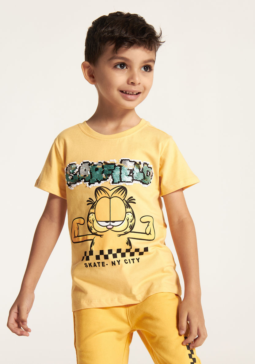Garfield Sequin Embellished Round Neck T-shirt with Short Sleeves-T Shirts-image-0
