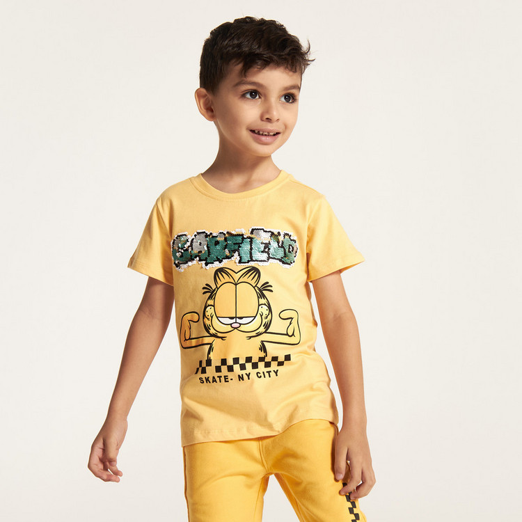 Garfield Sequin Embellished Round Neck T-shirt with Short Sleeves