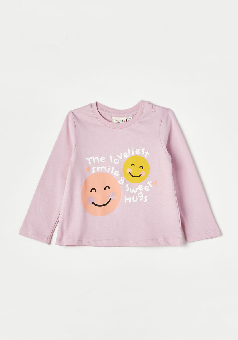 Juniors Smiley Print T-shirt with Crew Neck and Long Sleeves-T Shirts-image-0