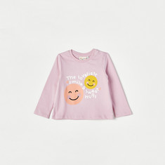 Juniors Smiley Print T-shirt with Crew Neck and Long Sleeves