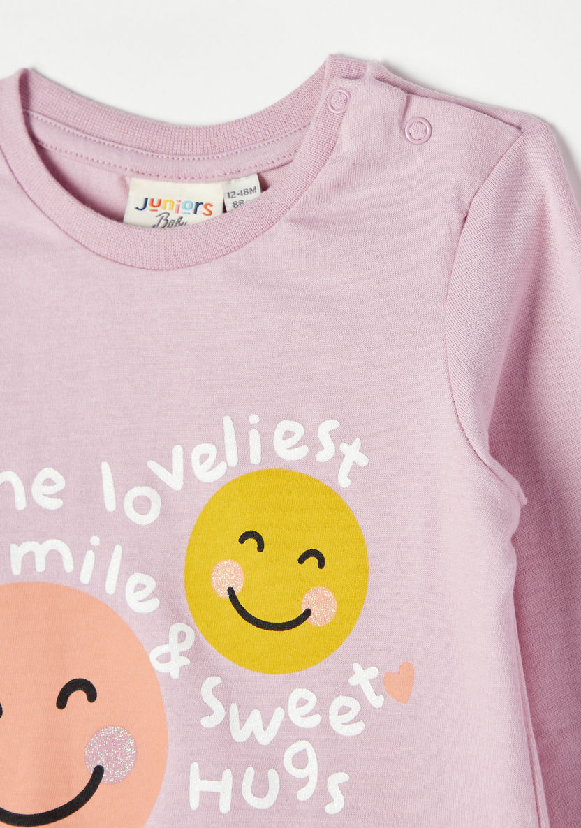 Juniors Smiley Print T-shirt with Crew Neck and Long Sleeves-T Shirts-image-1