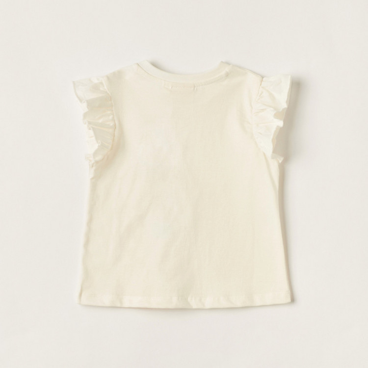 Juniors Printed Sleeveless Top with Ruffles and Crew Neck