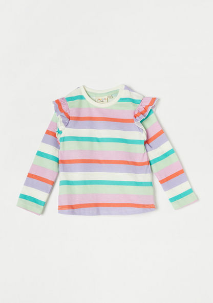Juniors Striped T-shirt with Long Sleeves and Ruffles-T Shirts-image-0