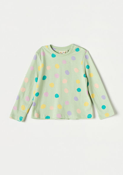 Juniors Polka Dot Print T-shirt with Round Neck and Long Sleeves-T Shirts-image-0