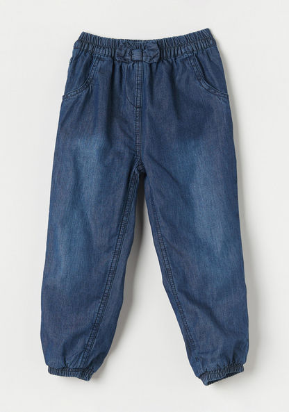 Juniors Solid Denim Joggers with Elasticated Waist and Bow Detail-Joggers-image-0