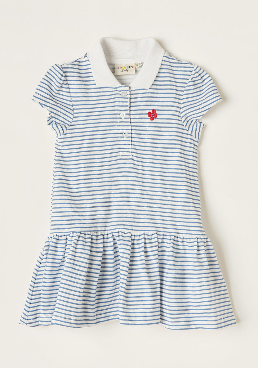 Juniors Striped Polo Dress with Short Sleeves and Frill Detail-Dresses, Gowns & Frocks-image-0
