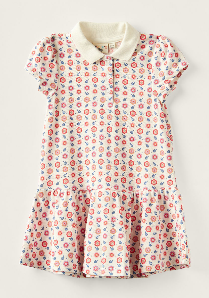 Juniors Printed Polo Dress with Cap Sleeves and Button Closure-Dresses, Gowns & Frocks-image-0