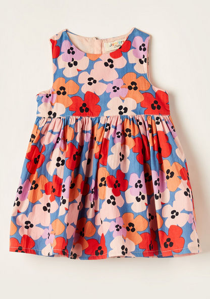 Juniors Floral Print Sleeveless Dress with Round Neck and Zip Closure-Dresses%2C Gowns and Frocks-image-0
