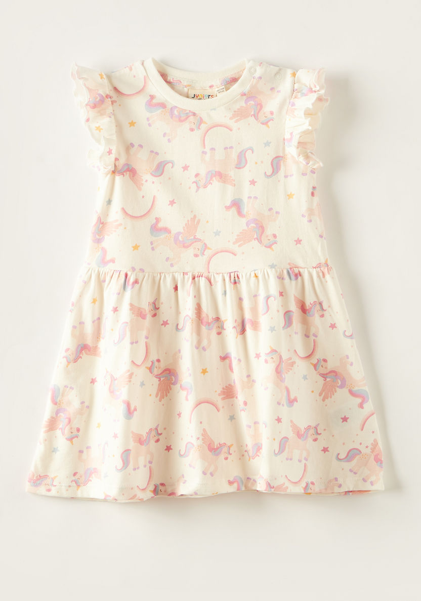 Juniors Unicorn Print Dress with Round Neck and Cap Sleeves-Dresses, Gowns & Frocks-image-0