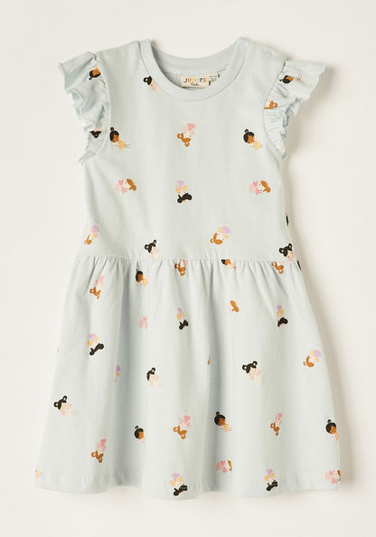 Juniors Fairy Print A-line Dress with Short Frill Sleeves and Round Neck