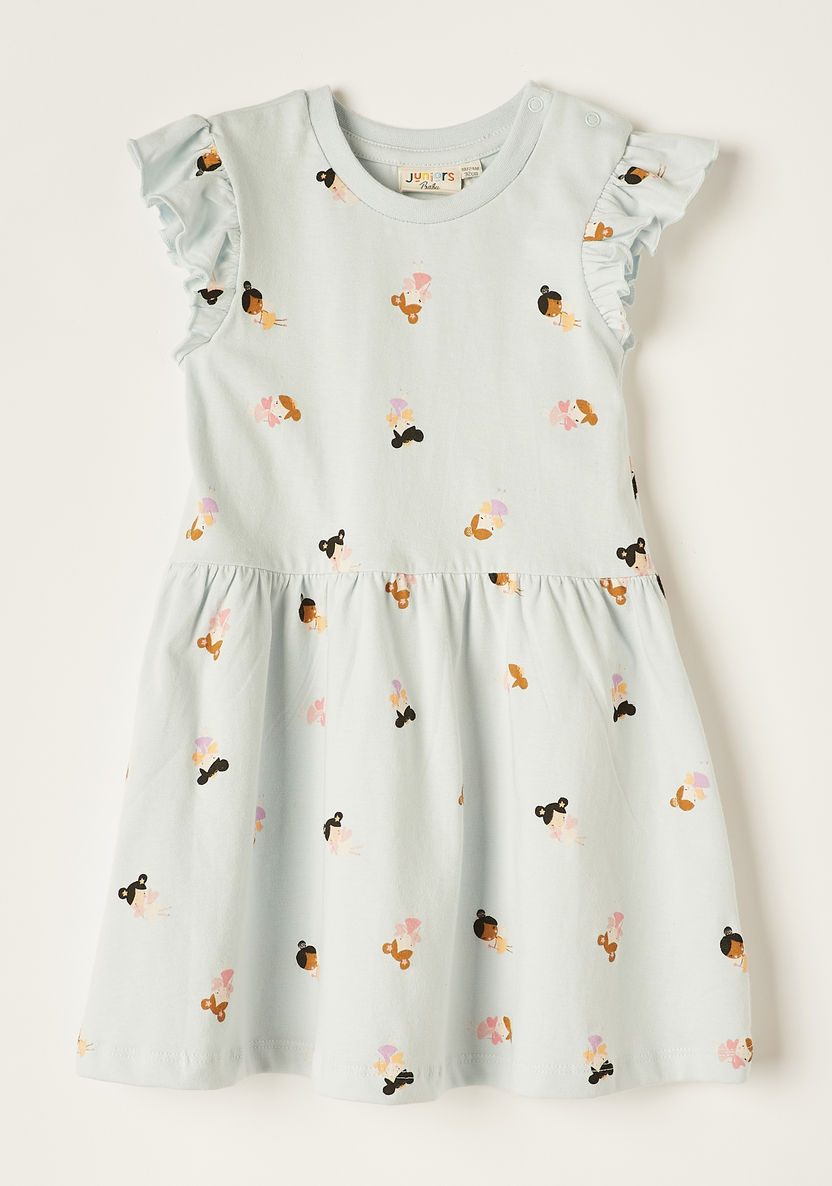 Juniors Fairy Print A-line Dress with Short Frill Sleeves and Round Neck-Dresses, Gowns & Frocks-image-0