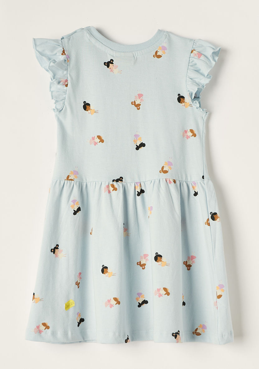 Juniors Fairy Print A-line Dress with Short Frill Sleeves and Round Neck-Dresses, Gowns & Frocks-image-4